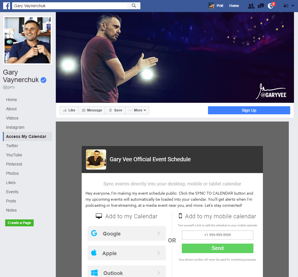 facebook landing page